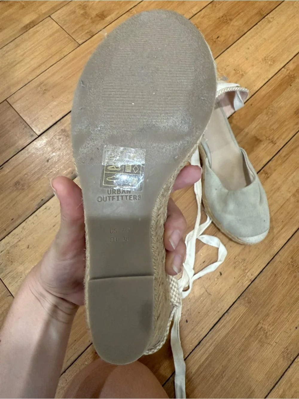Urban Outfitters Cream Canvas Espadrilles Wedge Sandals with Ankle Ties